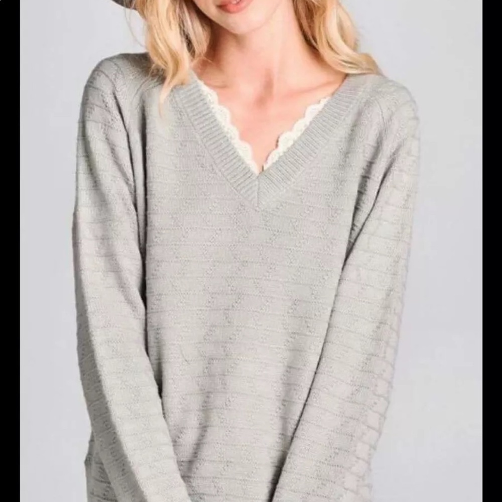 Gray v neck sweater with lace detail